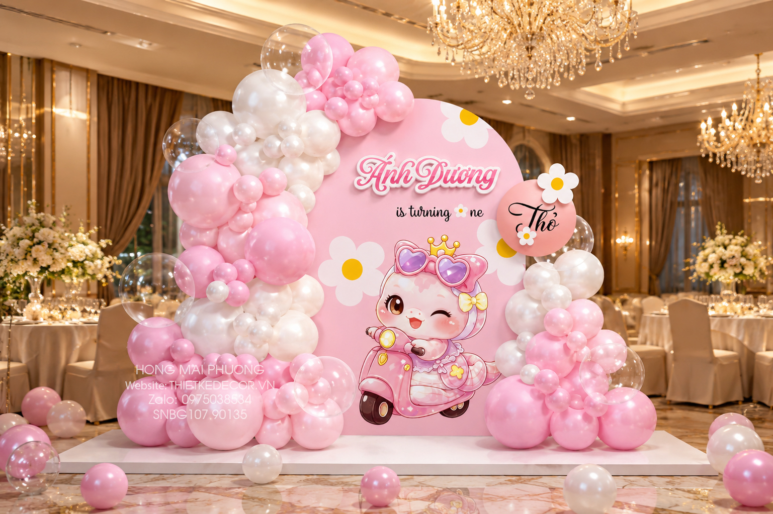File thiết kế decor trang trí tiệc sinh nhật bé gái tuổi tỵ - rắn mix bong bóng cute dễ thương đáng yêu tone hồng